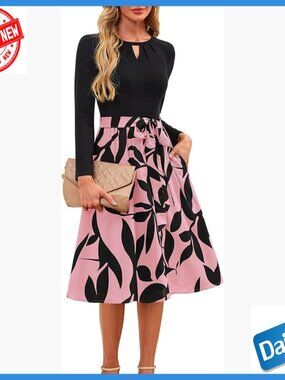 Long Sleeve Ribbed Midi Dress with Pockets, Flowy Business Casual